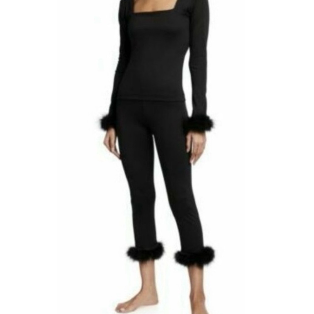 Sleeper Women's Black Long Sleeve Pajama Set with Fur Trim